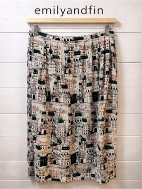 EMILY AND FIN Cream Paris Print Midi Skirt Size L